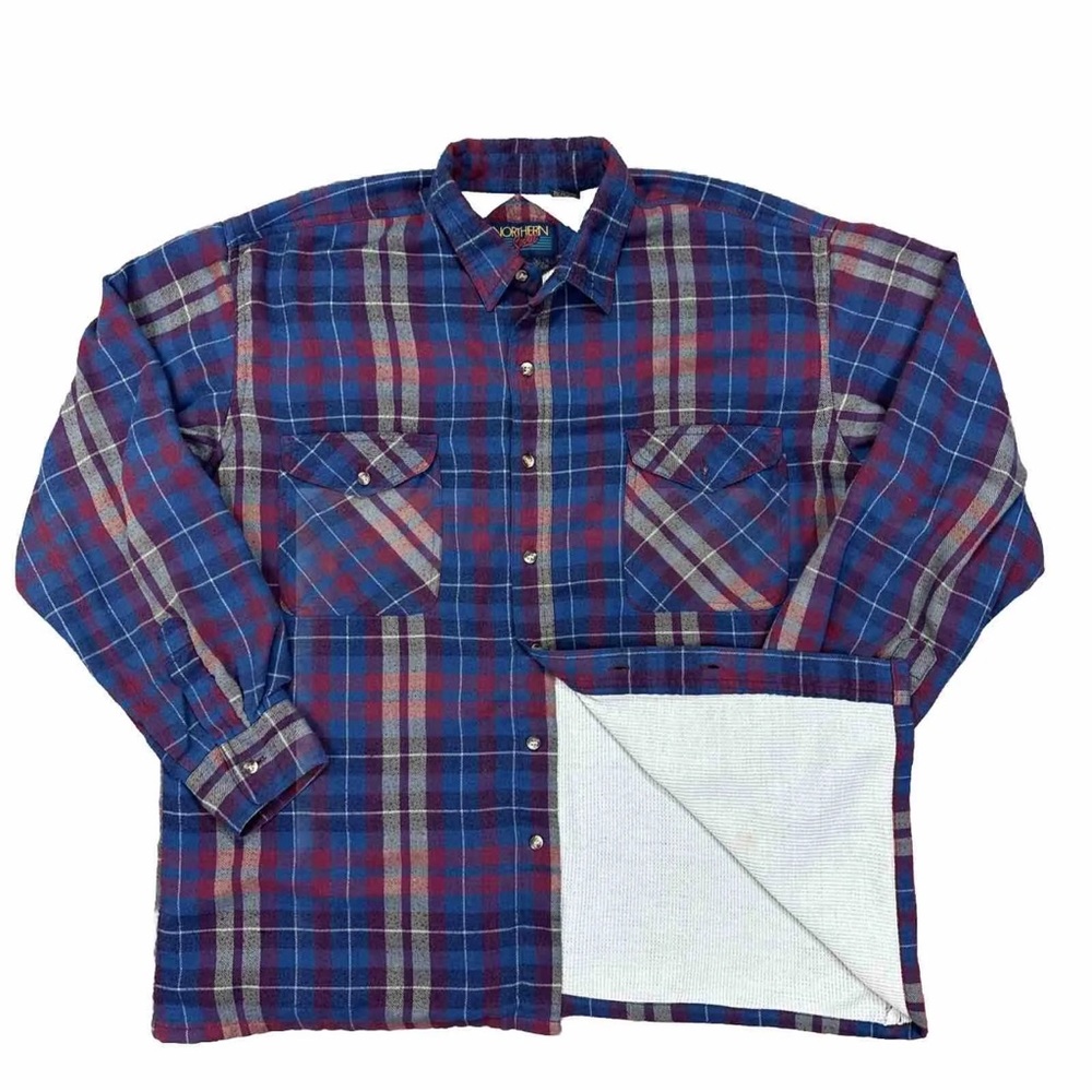 Vintage Northern Spirit Thermal Lined Flannel Blue Red Button Up Men’s Sz Large